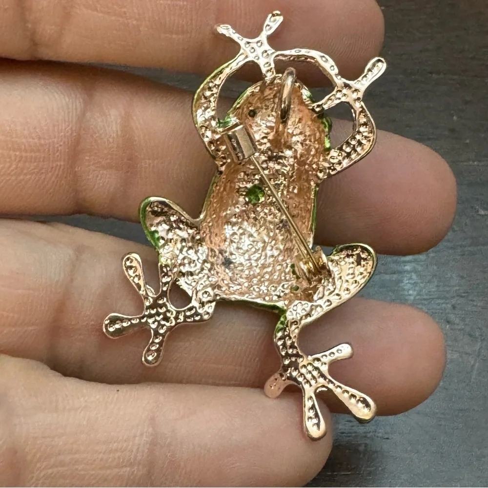 Rhinestone Frog Brooch Pendant Green & Black Crystals Gold Tone Alloy